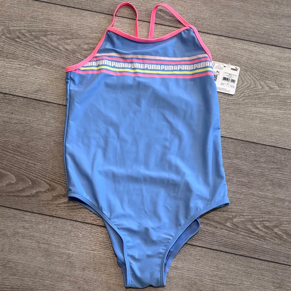 Puma One Piece Swimsuit Girls Large Blue Pink Spaghetti Strap Day Dream Logo